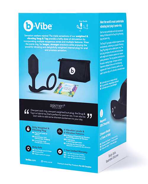 B-Vibe Vibrating Snug and Tug Rechargeable Silicone Cock Ring with Anal Plug - XLarge - Black