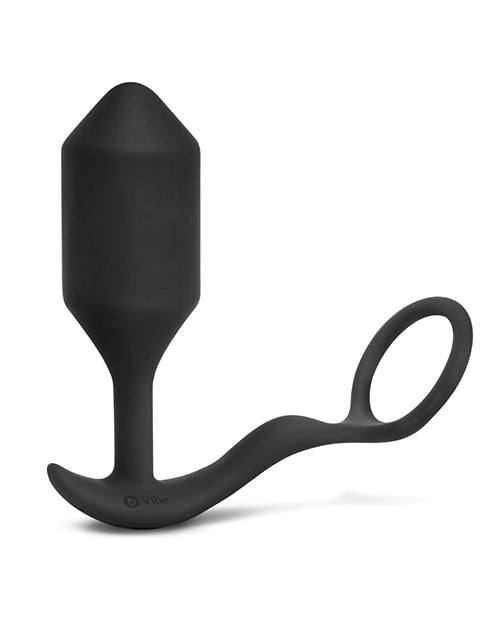 B-Vibe Vibrating Snug and Tug Rechargeable Silicone Cock Ring with Anal Plug - XLarge - Black