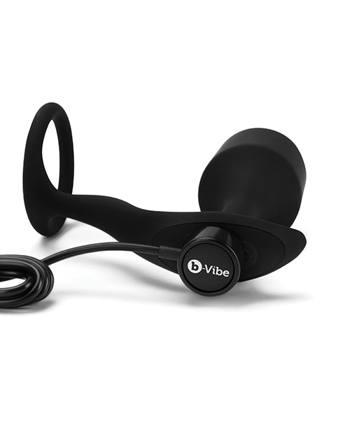 B-Vibe Vibrating Snug and Tug Rechargeable Silicone Cock Ring with Anal Plug - XLarge - Black