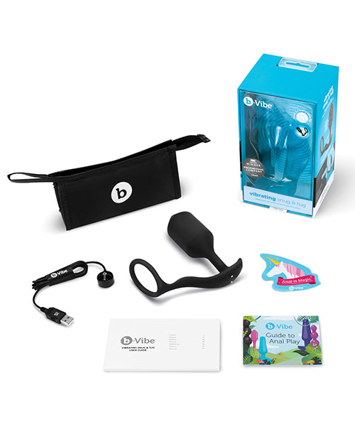 B-Vibe Vibrating Snug and Tug Rechargeable Silicone Cock Ring with Anal Plug - XLarge - Black