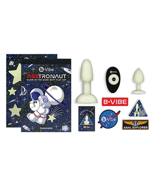 B-Vibe Asstronaut Glow in the Dark Rechargeable Silicone Anal Play Set with Remote Control - Frost