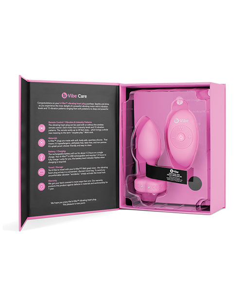 B-Vibe Vibrating Heart Shape Jewel Rechargeable Silicone Anal Plug with Remote Control - Small/Medium - Pink