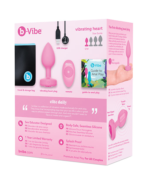 B-Vibe Vibrating Heart Shape Jewel Rechargeable Silicone Anal Plug with Remote Control - Small/Medium - Pink