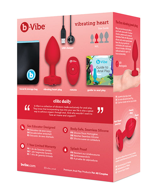 B-Vibe Vibrating Heart Shape Jewel Rechargeable Silicone Anal Plug with Remote Control - Medium/Large - Red