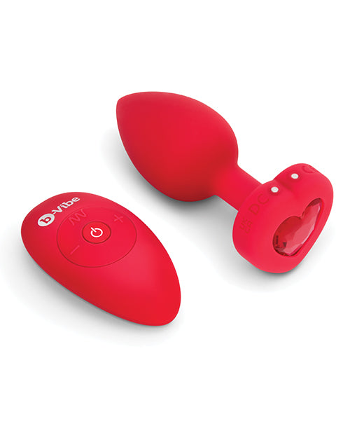 B-Vibe Vibrating Heart Shape Jewel Rechargeable Silicone Anal Plug with Remote Control - Medium/Large - Red