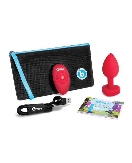 B-Vibe Vibrating Heart Shape Jewel Rechargeable Silicone Anal Plug with Remote Control - Medium/Large - Red