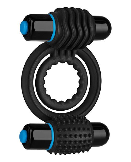 OptiMALE Silicone Vibrating Double Cock Ring with Dual Bullets - Black