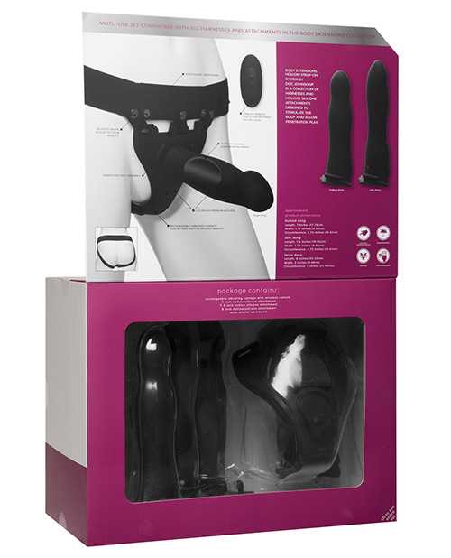 Body Extensions Be Naughty Silicone Strap-On Rechargeable Vibrating Harness with 2 Hollow Dildos and Remote Control 7in and 7.5in (4 pc set) - Black