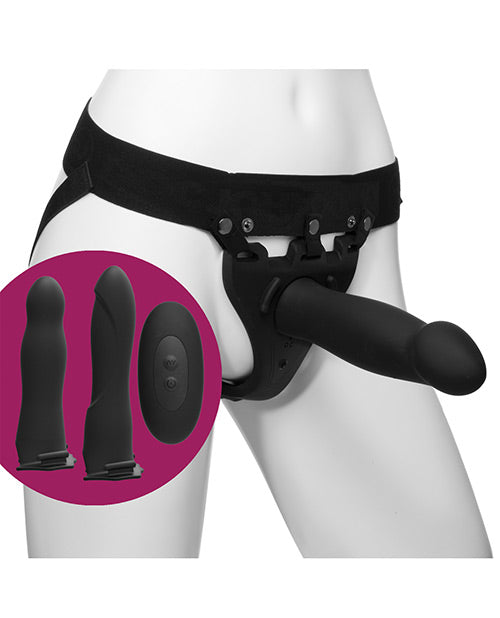 Body Extensions Be Naughty Silicone Strap-On Rechargeable Vibrating Harness with 2 Hollow Dildos and Remote Control 7in and 7.5in (4 pc set) - Black
