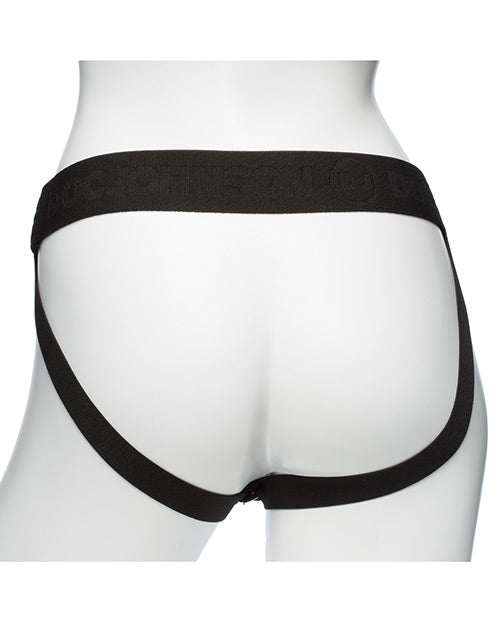 Body Extensions Be Naughty Silicone Strap-On Rechargeable Vibrating Harness with 2 Hollow Dildos and Remote Control 7in and 7.5in (4 pc set) - Black