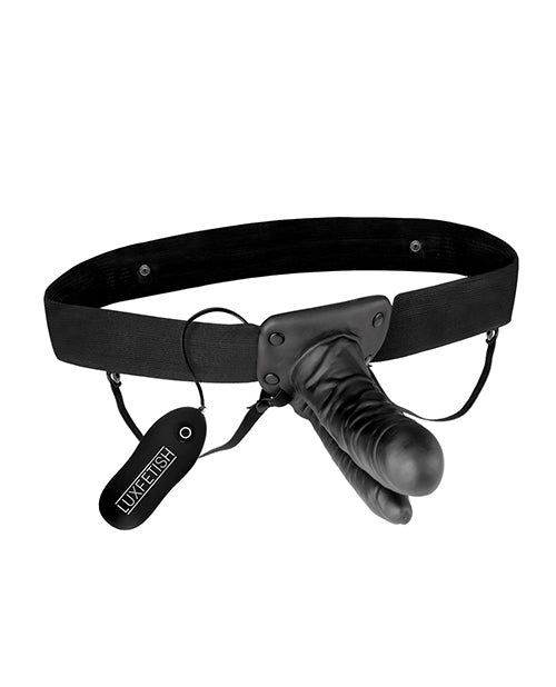 Lux Fetish Unisex Vibrating Hollow Double Penetration Strap-On Dildo with Wired Remote Control 9in - Black