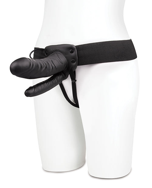 Lux Fetish Unisex Vibrating Hollow Double Penetration Strap-On Dildo with Wired Remote Control 9in - Black