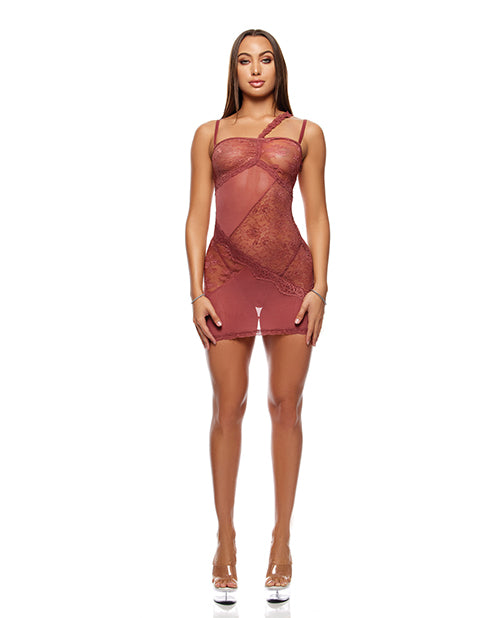 Patch of Petals Sheer Mesh and Lace Chemise w/Thong 2 pc Set - Mauve SM