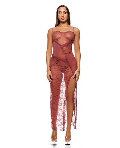 Patch Of Petals Sheer Mesh and Lace Gown w/Thong 2 pc Set - Mauve MD