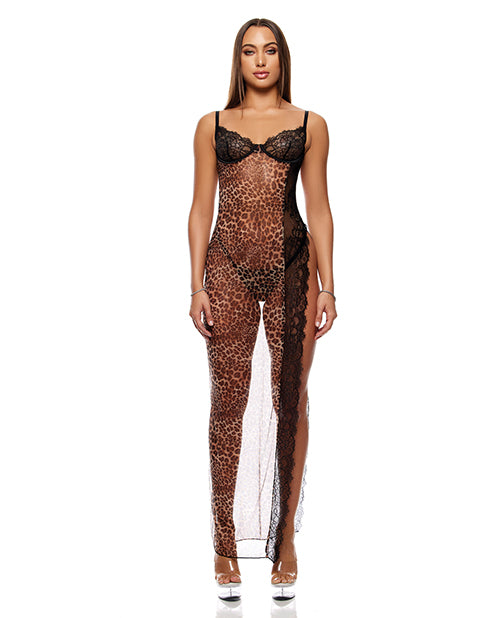 Animal Instincts Sheer Mesh and Lace Gown w/Thong 2 pc Set - Animal MD