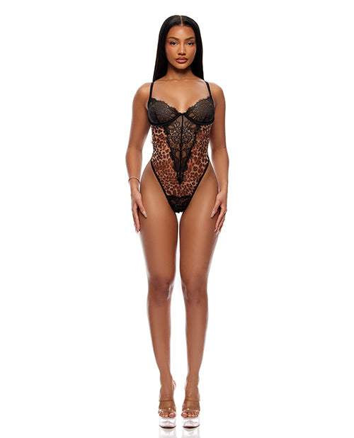 Animal Instincts Sheer Mesh and Lace Teddy - Animal SM