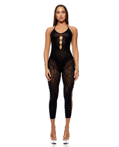 Cross Your Mind Capri Floral Knit Bodystocking w/Rhinestone Details - Black QN