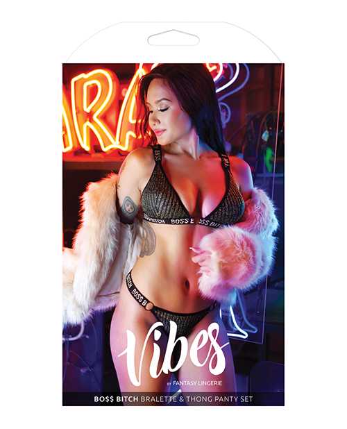 Vibes Boss Bitch Bralette & Thong Panty Black/Gold L/XL