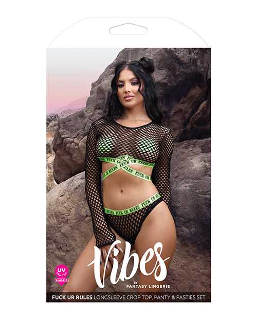 Vibes Fuck Ur Rules Long Sleeve Crop Top, Panty & Pasties Black/Green M/L