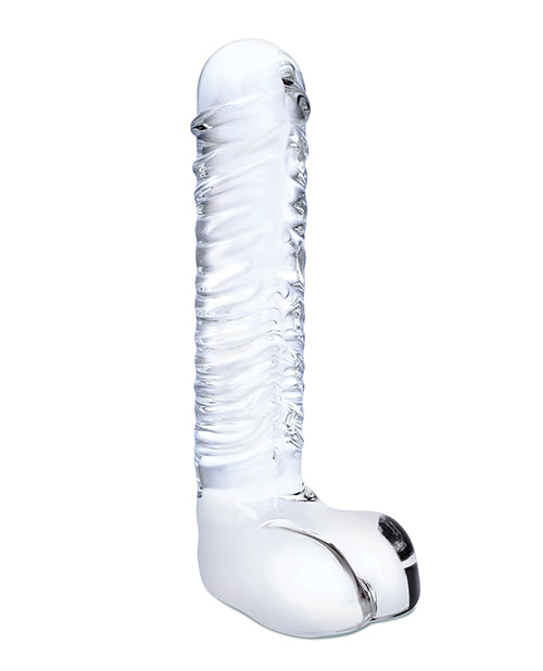 Glas Realistic Ribbed Glass G-Spot Dildo with Balls 8in - Clear