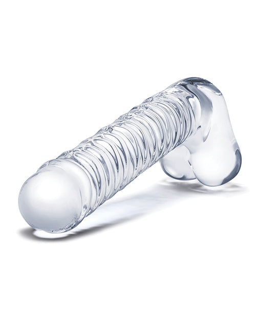 Glas Realistic Ribbed Glass G-Spot Dildo with Balls 8in - Clear
