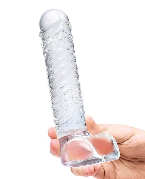 Glas Realistic Ribbed Glass G-Spot Dildo with Balls 8in - Clear
