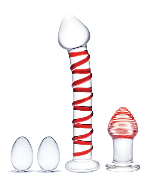 Glas Mr. Swirly Set with Glass Kegel Balls (4 piece) - Clear/Red