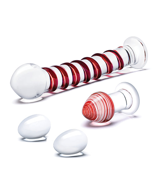 Glas Mr. Swirly Set with Glass Kegel Balls (4 piece) - Clear/Red