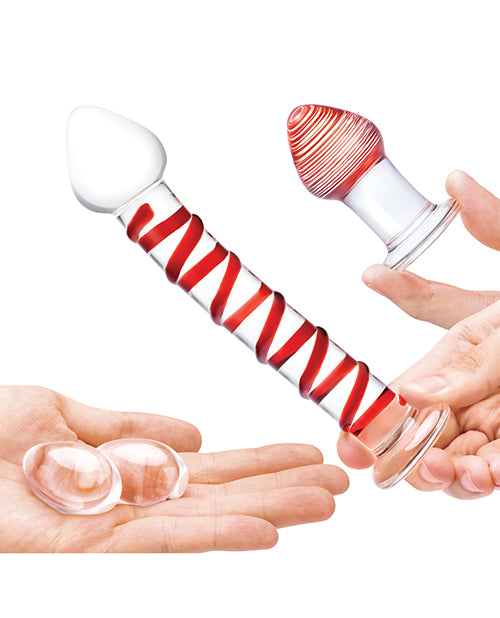 Glas Mr. Swirly Set with Glass Kegel Balls (4 piece) - Clear/Red