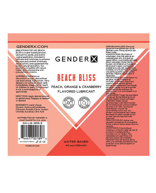 Gender X Beach Bliss Water Based Flavored Lubricant 4oz. - Peach