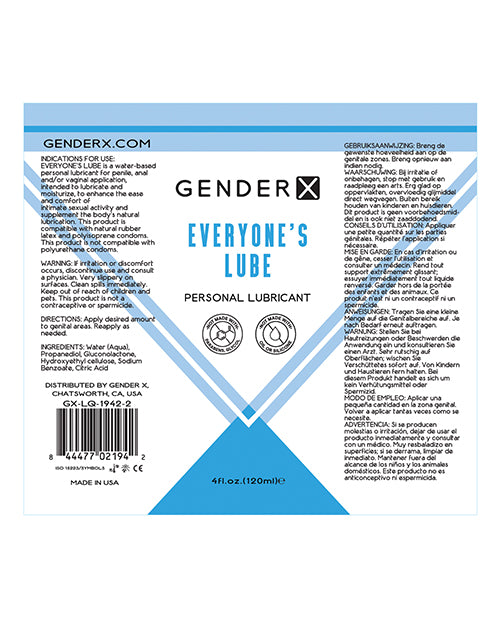 Gender X Everyone`s Lube Water Based Lubricant 4oz