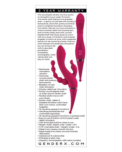 Gender X Four by Four Rechargeable Silicone Quadruple Stimulating Vibrator - Red