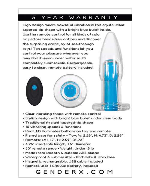 Gender X Electric Blue Silicone Rechargeable Vibrator with Remote Control - Clear/ Blue