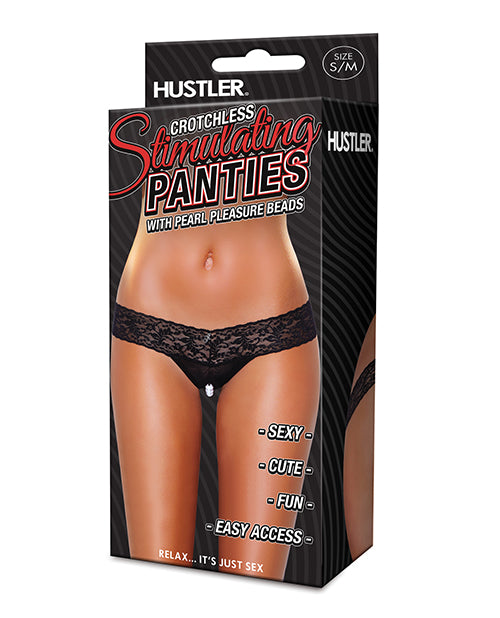Hustler Toys Crotchless Stimulating Panties Thong with Pearl Pleasure Beads - Black - Small/Medium