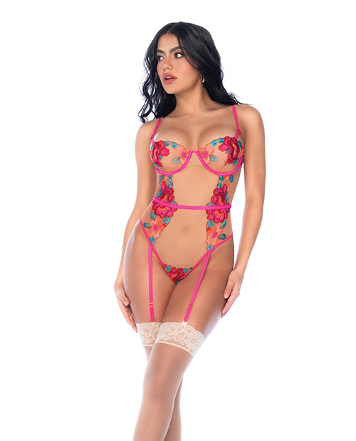 Seductive Garden Floral Mesh Teddy w/Attached Garters - Multi-Color L/XL