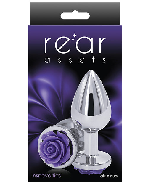 Rear Assets Rose Aluminum Anal Plug - Medium - Purple/Silver