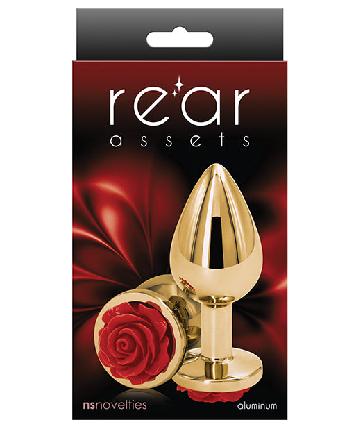 Rear Assets Rose Aluminum Anal Plug - Medium - Red/Gold