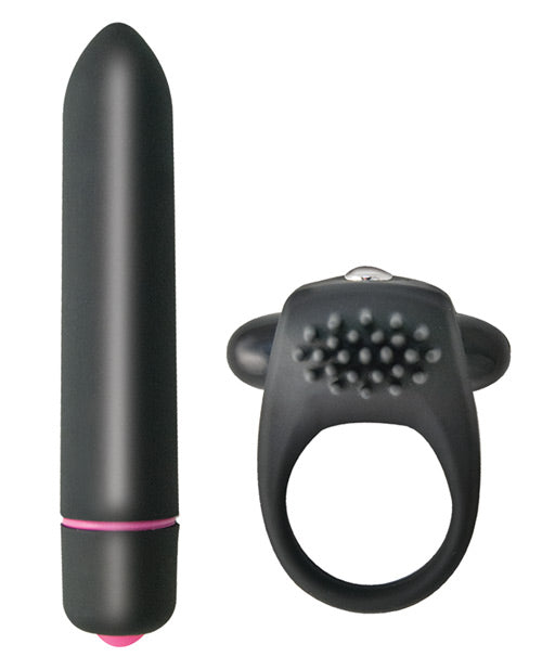 Intense Silicone Vibrating Cock Ring and Bullet Set - Black