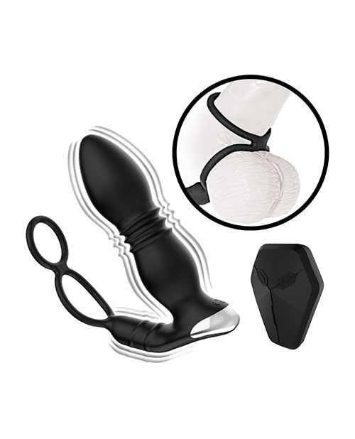 Ass-Sation Thrusting Rechargeable Silicone Power Plug with Cock Ring - Black