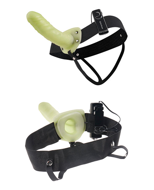 Fetish Fantasy Series For Him Or Her Vibrating Hollow Strap-On Dildo and Adjustable Harness with Wired Remote Control 6in - Glow-In-The-Dark