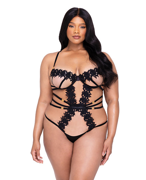 Ebony Rose Floral Guipure Lace Trim Teddy Black 2X