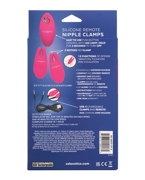 Silicone Rechargeable Nipple Clamps with Remote Control - Pink