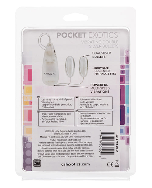 Pocket Exotics Vibrating Double Silver Bullets with Wired Remote Control - Silver