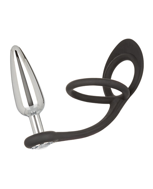 Star Fucker Slim Plug Silicone Cock Ring with Butt Plug - Black