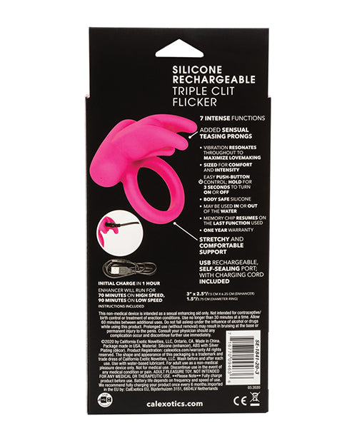 CalExotics Silicone Rechargeable Triple Clit Flicker Cock Ring - Pink