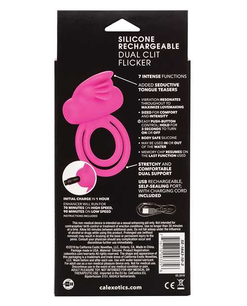 Silicone Rechargeable Dual Clit Flicker Vibrating Cockring Multispeed Waterproof Pink