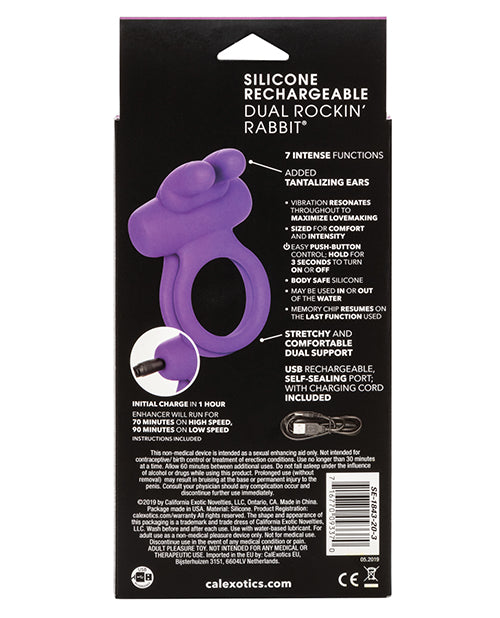Silicone Rechargeable Dual Rockin Rabbit Multi Speed Cockring Waterproof - Purple