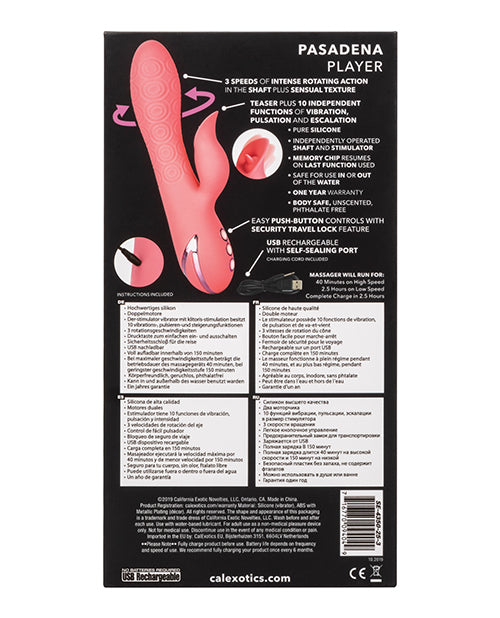 California Dreaming Pasadena Player Rechargeable Rotating Silicone Rabbit Vibrator - Pink