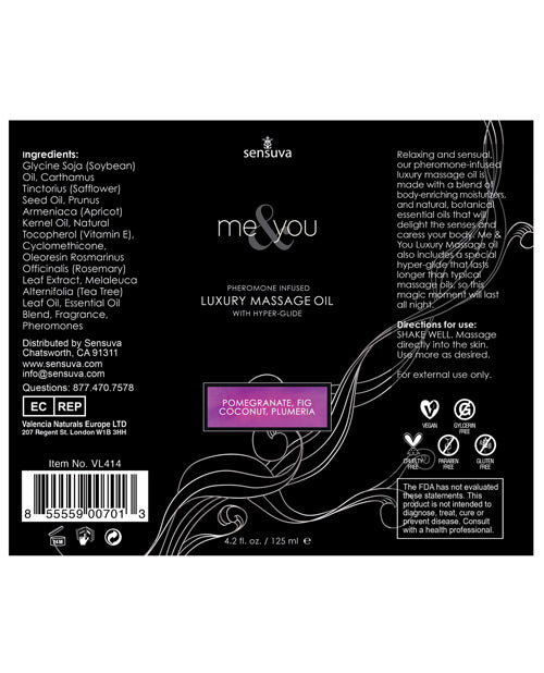 Me and You Pheromone Infused Luxury Massage Oil Pomegranate Fig Coconut Plumeria 4.2oz