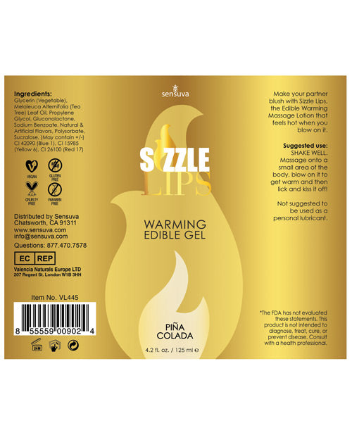 Sizzle Lips Warming Edible Massage Oil Pina Colada 4.2oz